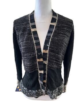 Vintage Staley Gretzinger Hand Knit Wool Mixed Media Cardigan Sweater Black